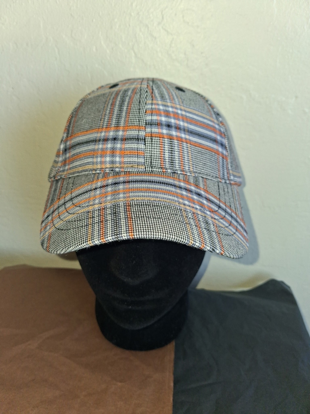 Women's Plaid Baseball Cap in Gray with Orange & Blue Trim
